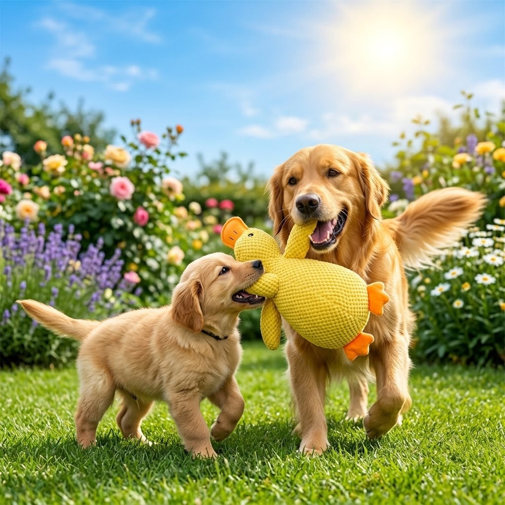 Un Golden adulte et un chiot qui jouent avec le canard jaune