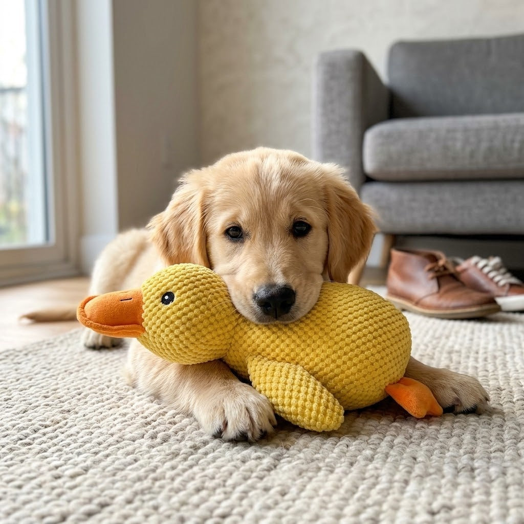 Chiot Golden avec son canard anti-stress