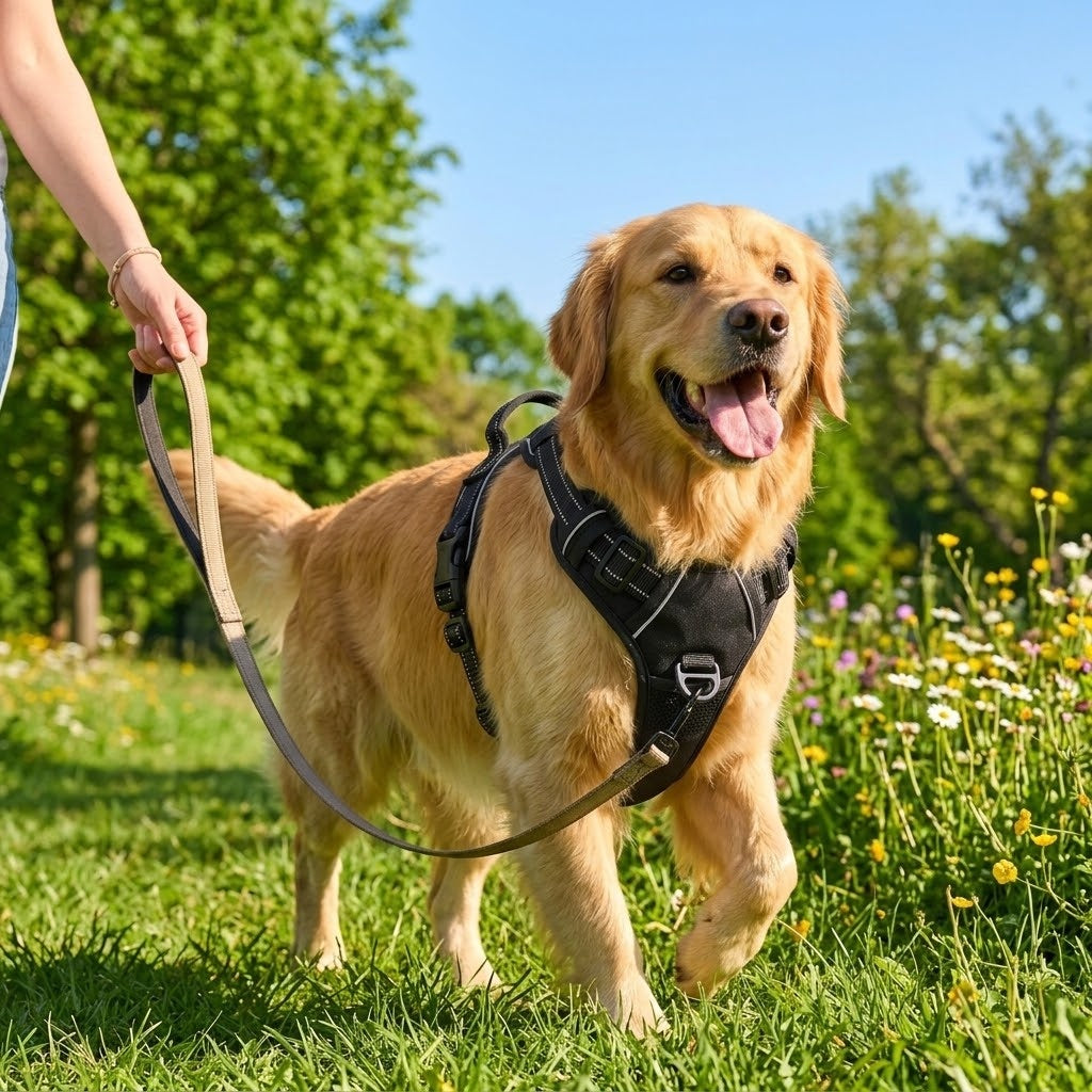 Golden Retriever en balade avec le harnais anti-traction